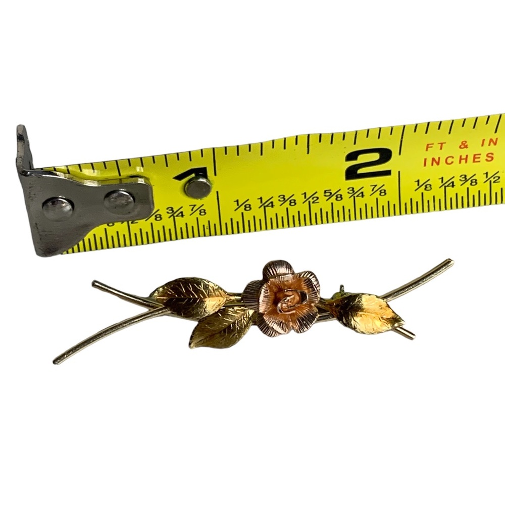 Krementz Signed 24K Pink & Yellow Gold Filled Rose Leaves Overly Brooch Pin - Picture 3 of 8